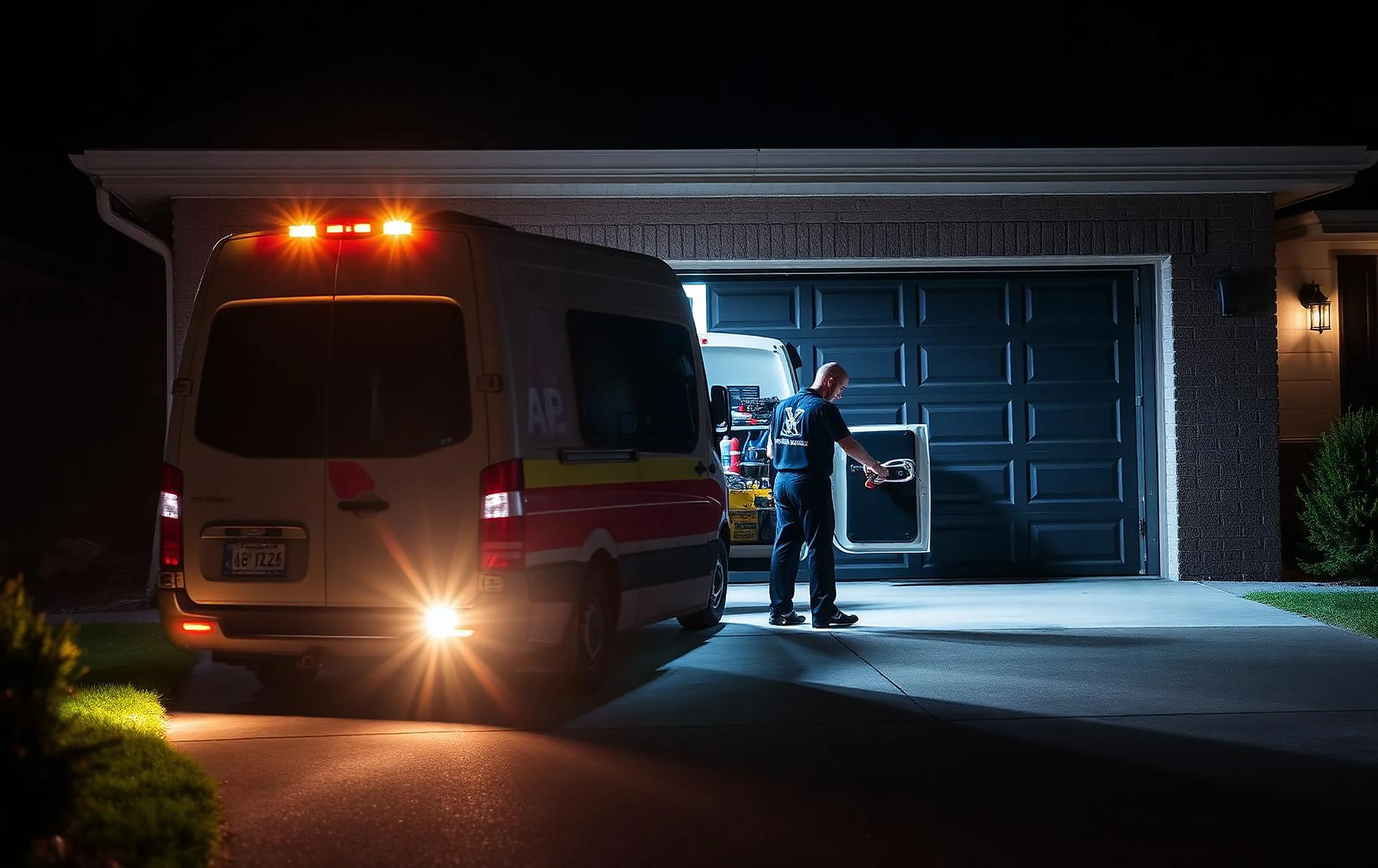 Emergency garage door service van at a Toronto home late at night