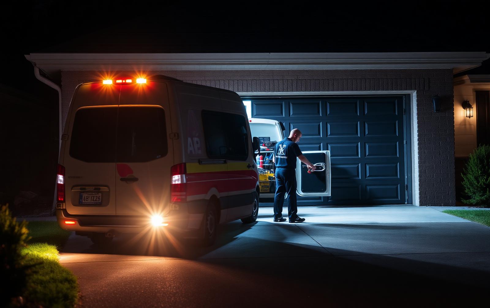 Emergency garage door service van at a Toronto home late at night
