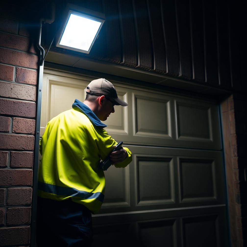 Technician securing a closed garage door at night under a work light