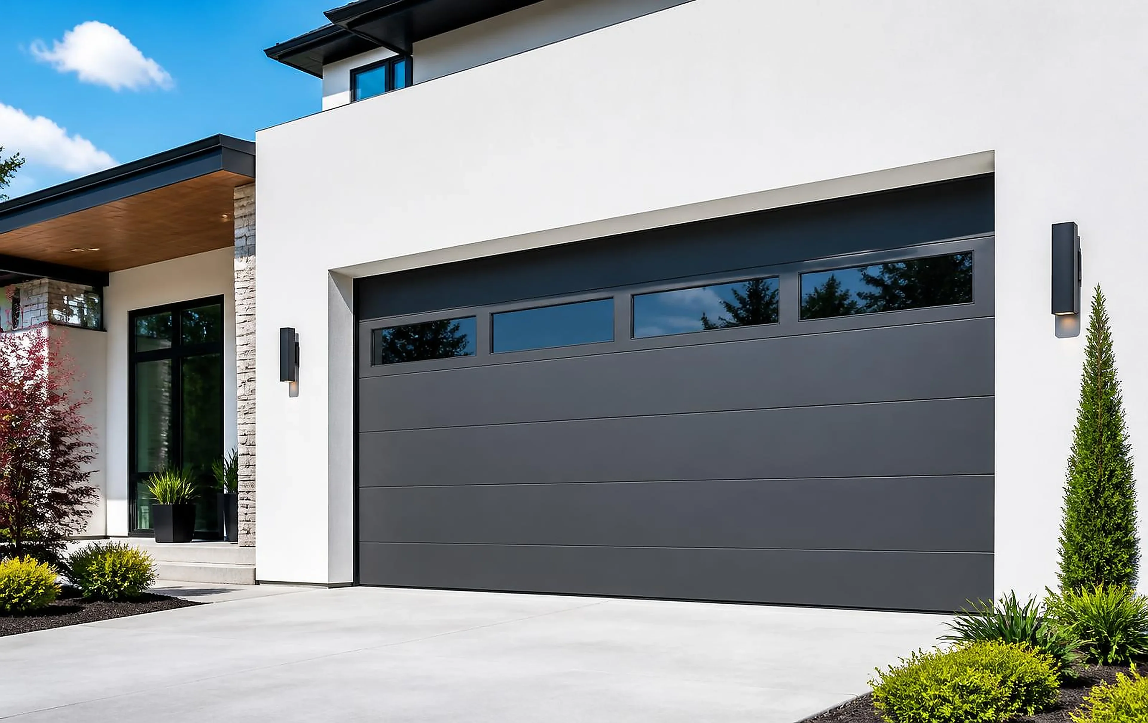 New charcoal insulated garage door installed on a modern white home