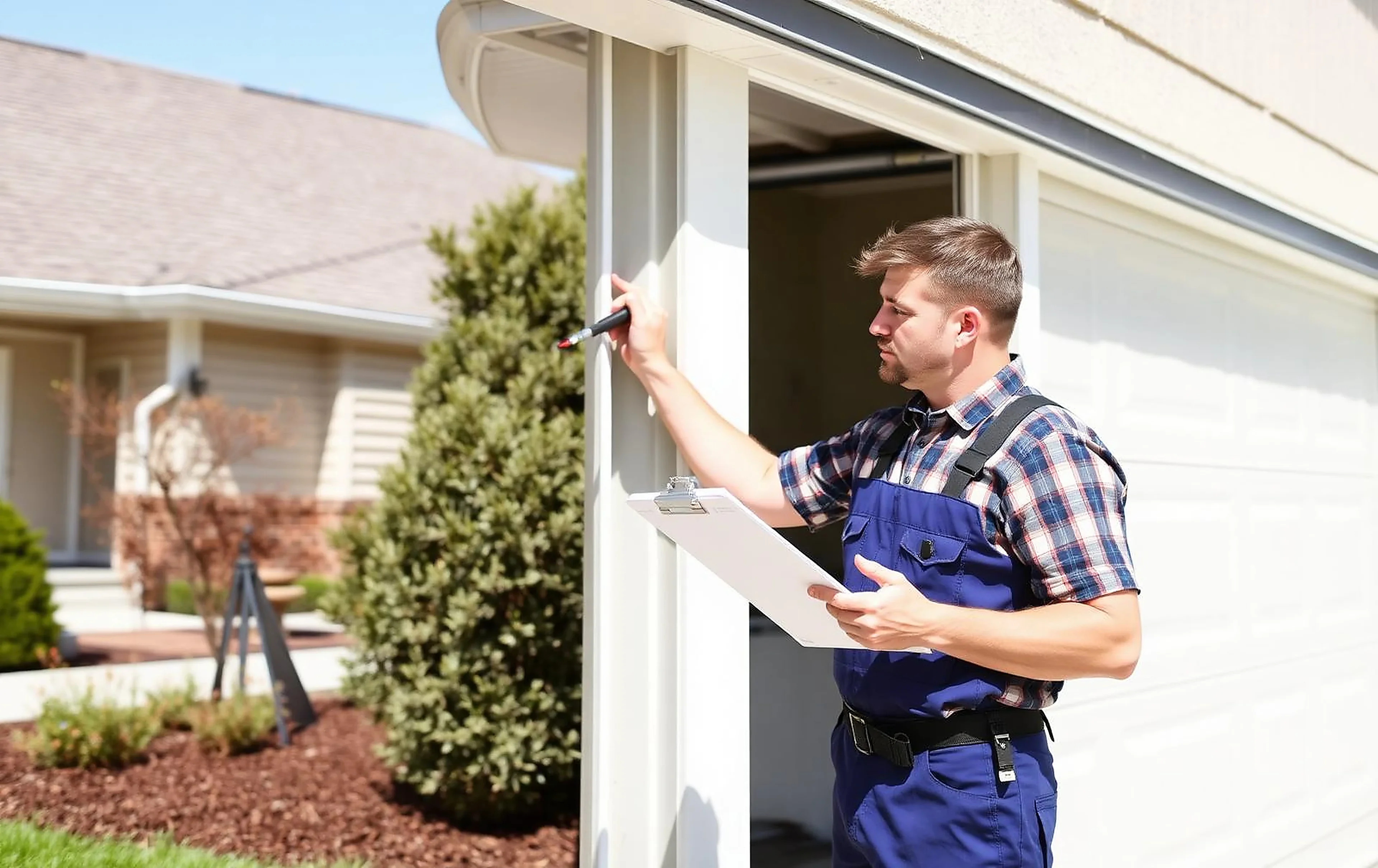 Technician completing a garage door maintenance inspection at a home in daylight