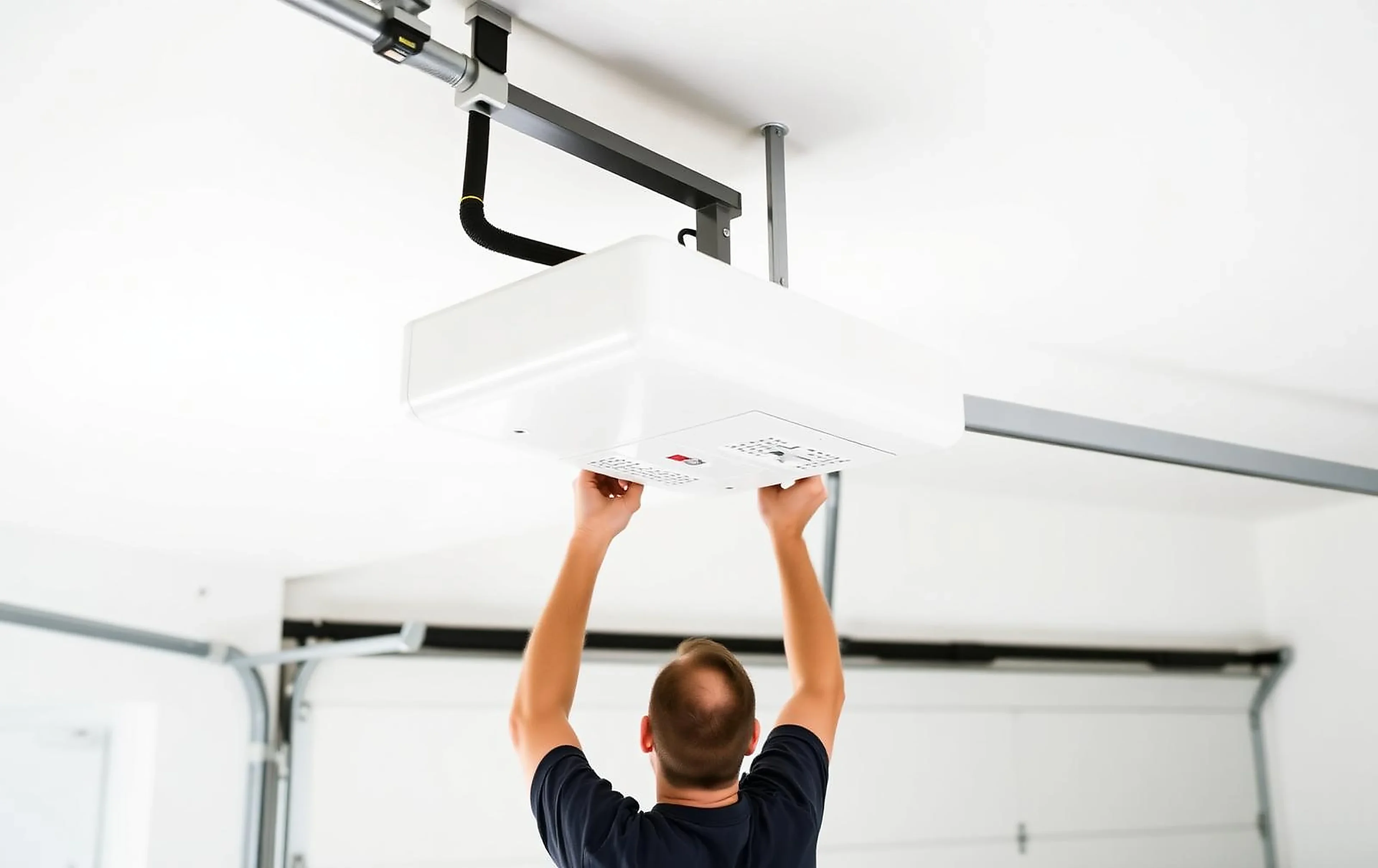 Technician installing a quiet belt drive garage door opener in a bright garage