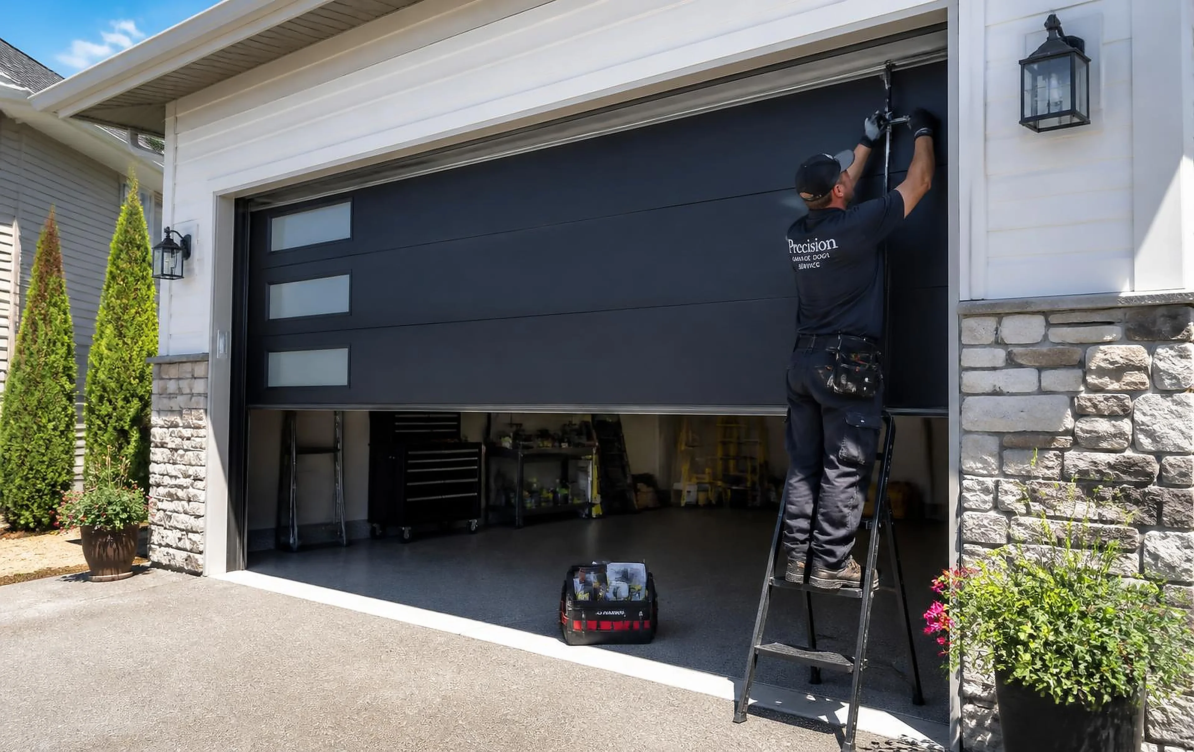 Technician repairing a modern charcoal garage door at a home in Toronto