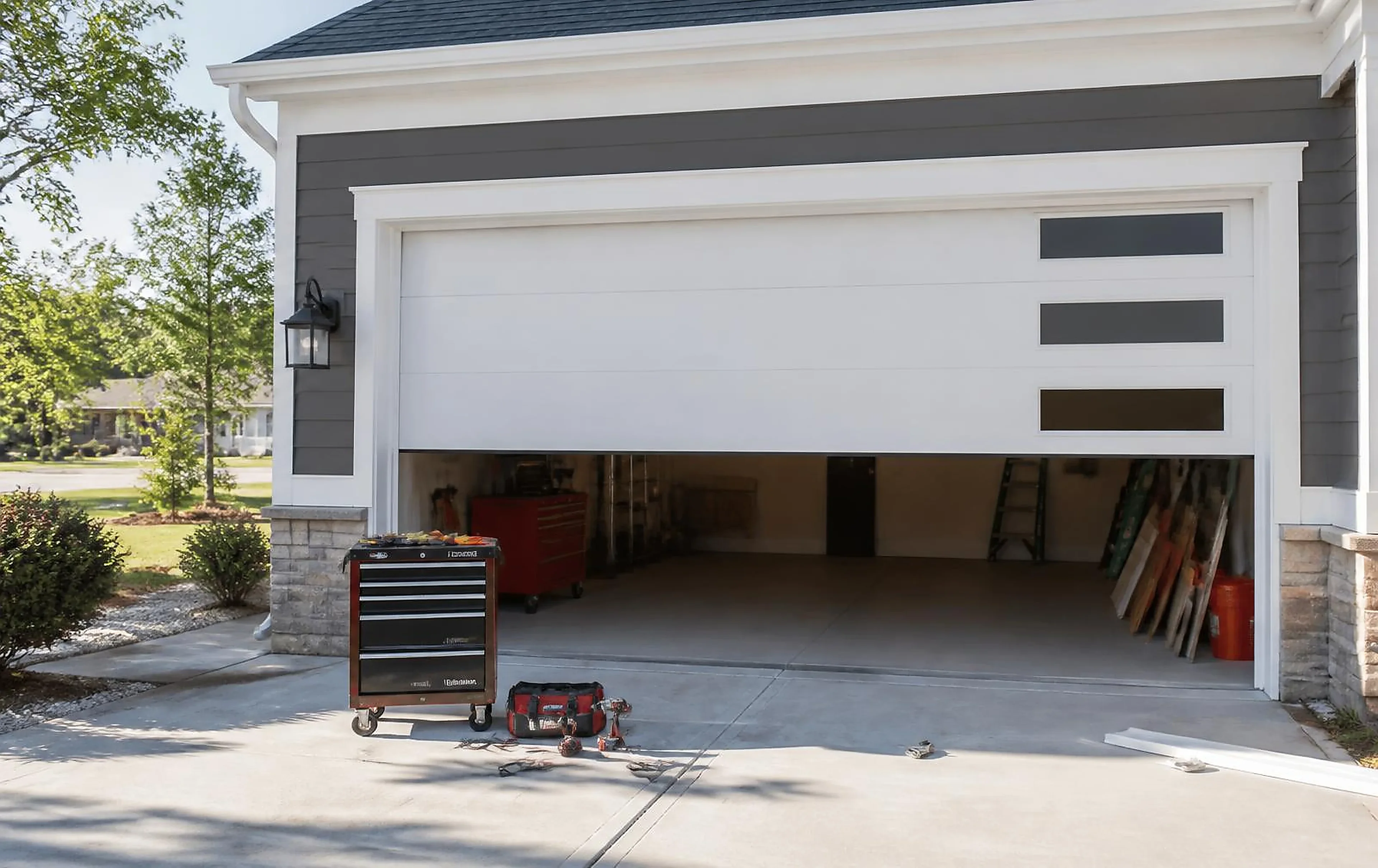 Open residential garage with tools ready for a garage door repair