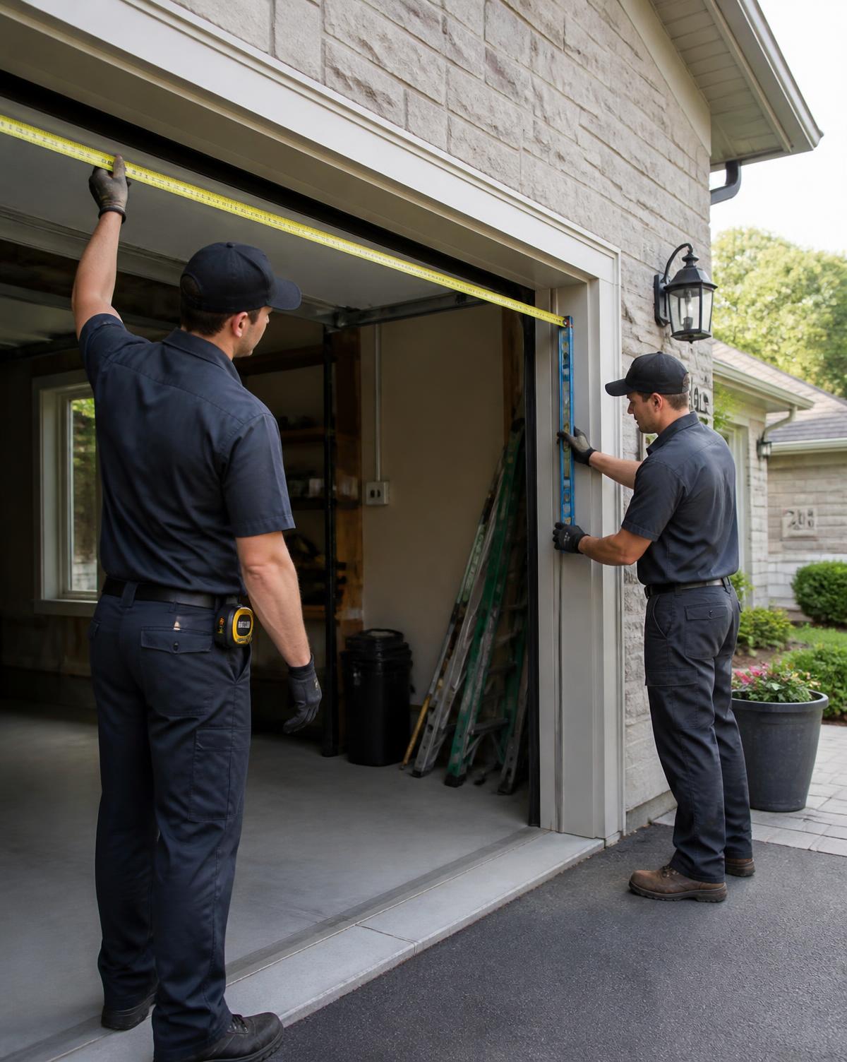 Technicians measuring a garage door opening before installation