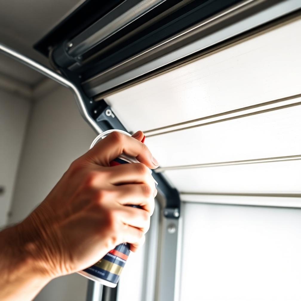 Lubricant being applied to garage door rollers and hinges during a tune-up