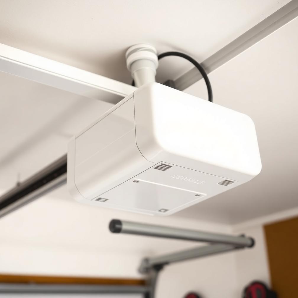 Modern white belt drive garage door opener mounted on a garage ceiling