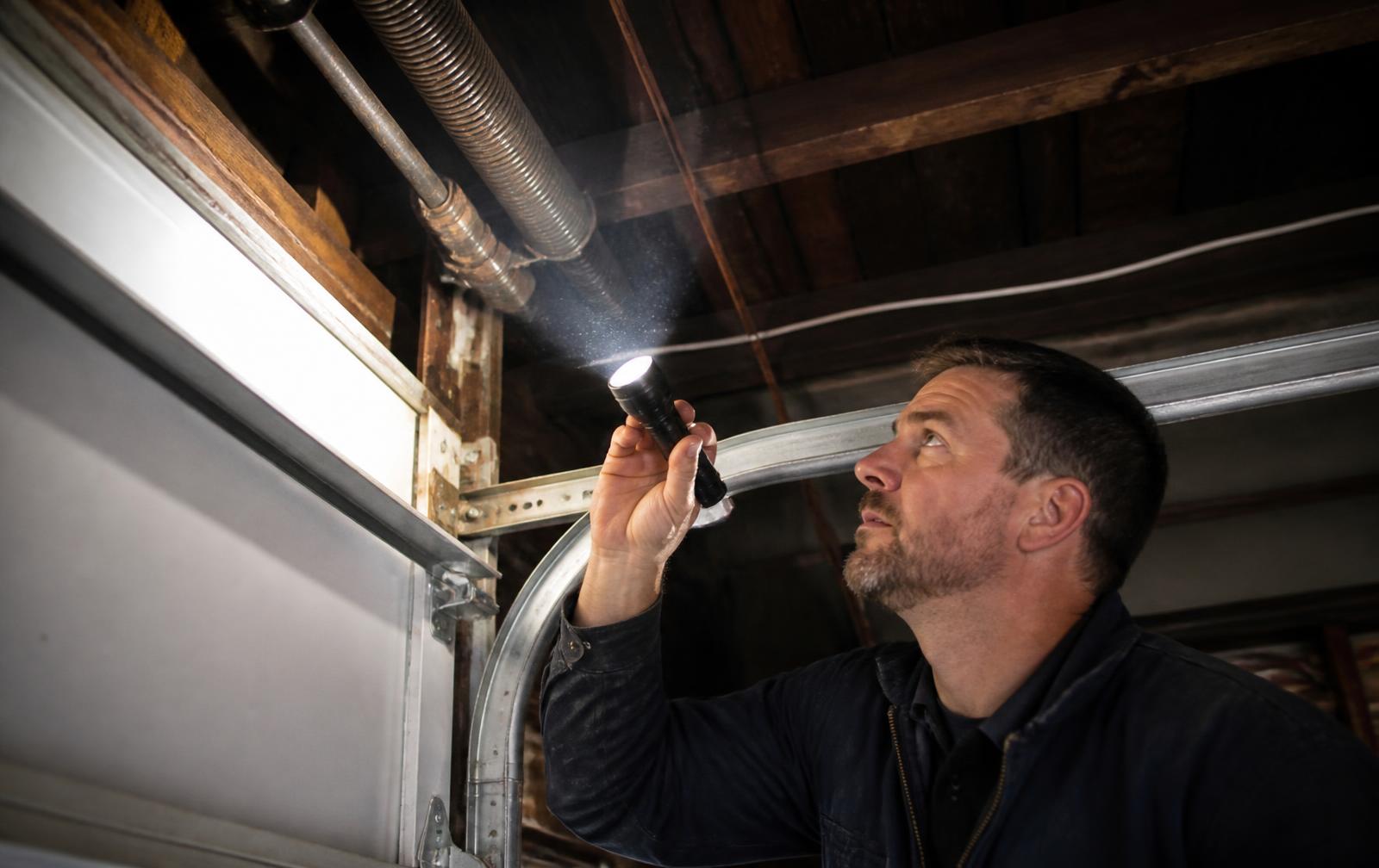 Technician inspecting noisy garage door springs and track with a flashlight