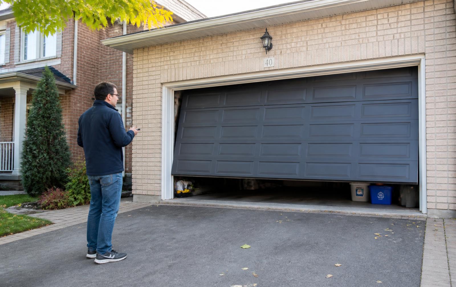 Homeowner in a driveway pressing a remote at a garage door that will not open